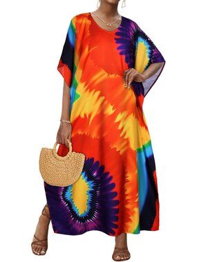Women's Colorful Spiral Plus Size V Neck Caftan Long Batwing Sleeve Cover Up